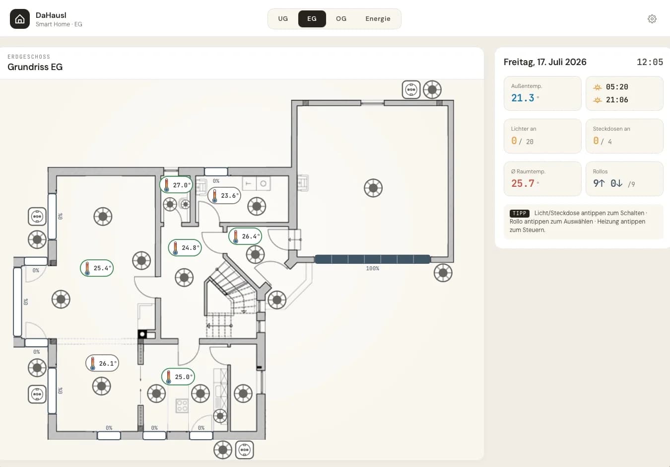Smart-Home-Grundrissansicht des Erdgeschosses mit Raumsteuerung